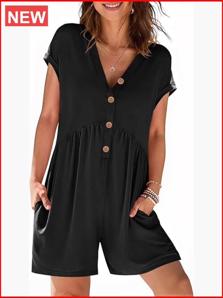 Polyester Blend V-Neck Cap Sleeve Romper With Pockets